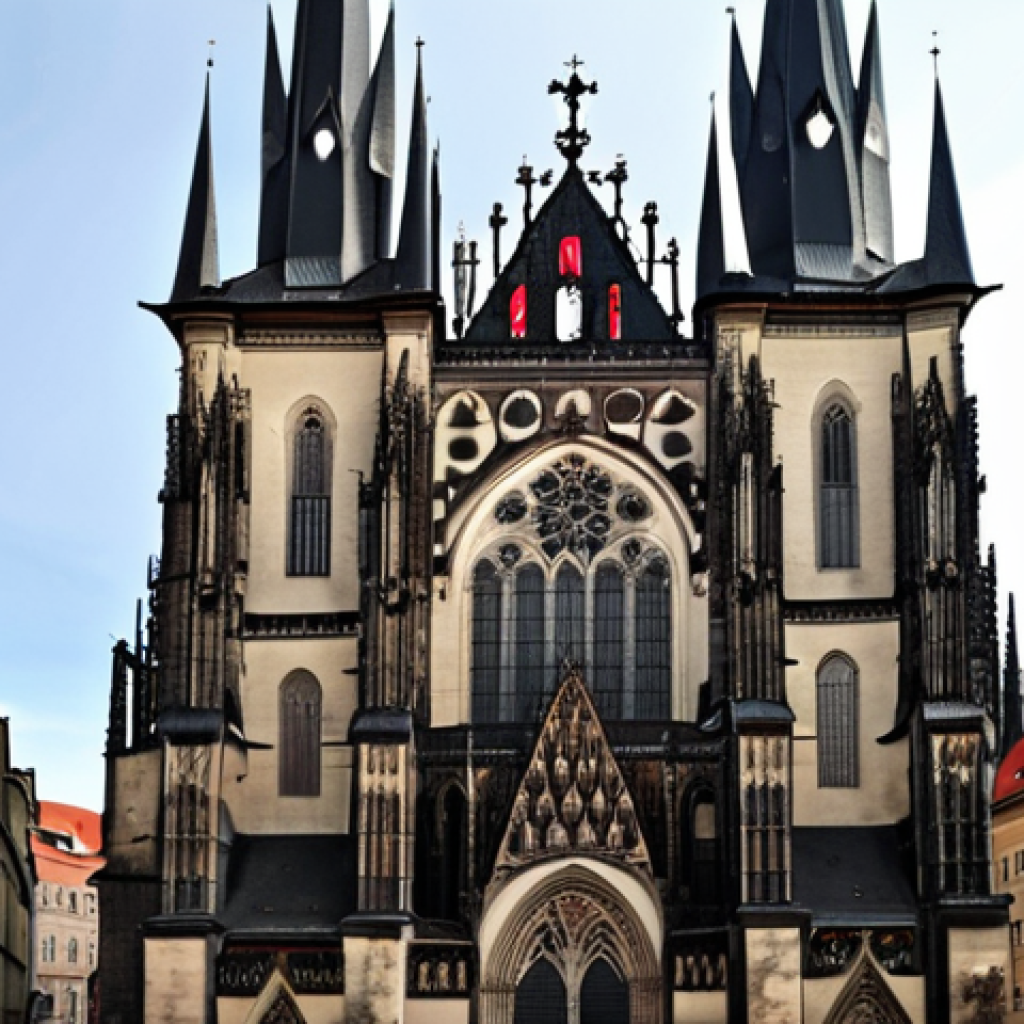 Prague's old town architecture showcasing French Gothic influences, reminiscent of French cathedrals, with a blend of Czech and French architectural styles.