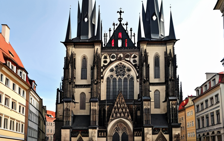 Prague's old town architecture showcasing French Gothic influences, reminiscent of French cathedrals, with a blend of Czech and French architectural styles.