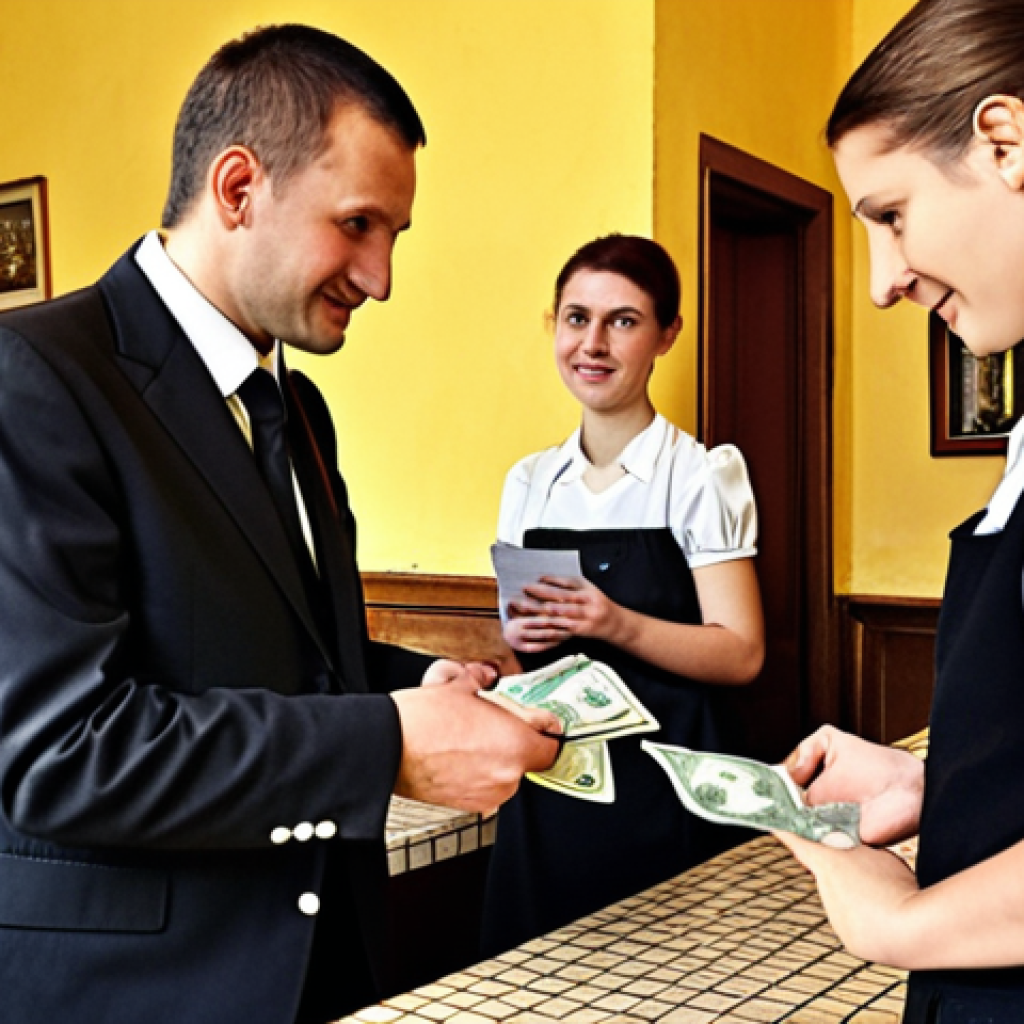 ** A bustling Prague caf&eacute; scene. A waiter, friendly and attentive, is handing a bill to a family who are dressed in a mix of modern and modestly traditional clothing. A small pile of Czech Koruna notes sits on the table next to the bill, suggesting a tip. The overall atmosphere is warm and inviting. Emphasis on the details of the cafe's decor and the family's interaction.

**