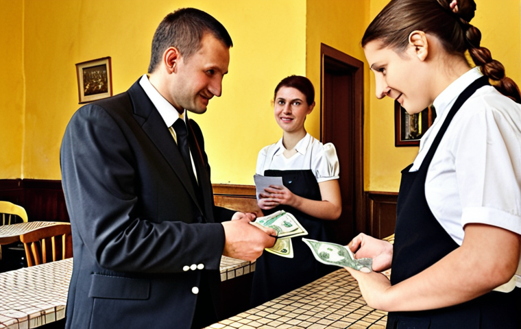 ** A bustling Prague caf&eacute; scene. A waiter, friendly and attentive, is handing a bill to a family who are dressed in a mix of modern and modestly traditional clothing. A small pile of Czech Koruna notes sits on the table next to the bill, suggesting a tip. The overall atmosphere is warm and inviting. Emphasis on the details of the cafe's decor and the family's interaction.

**