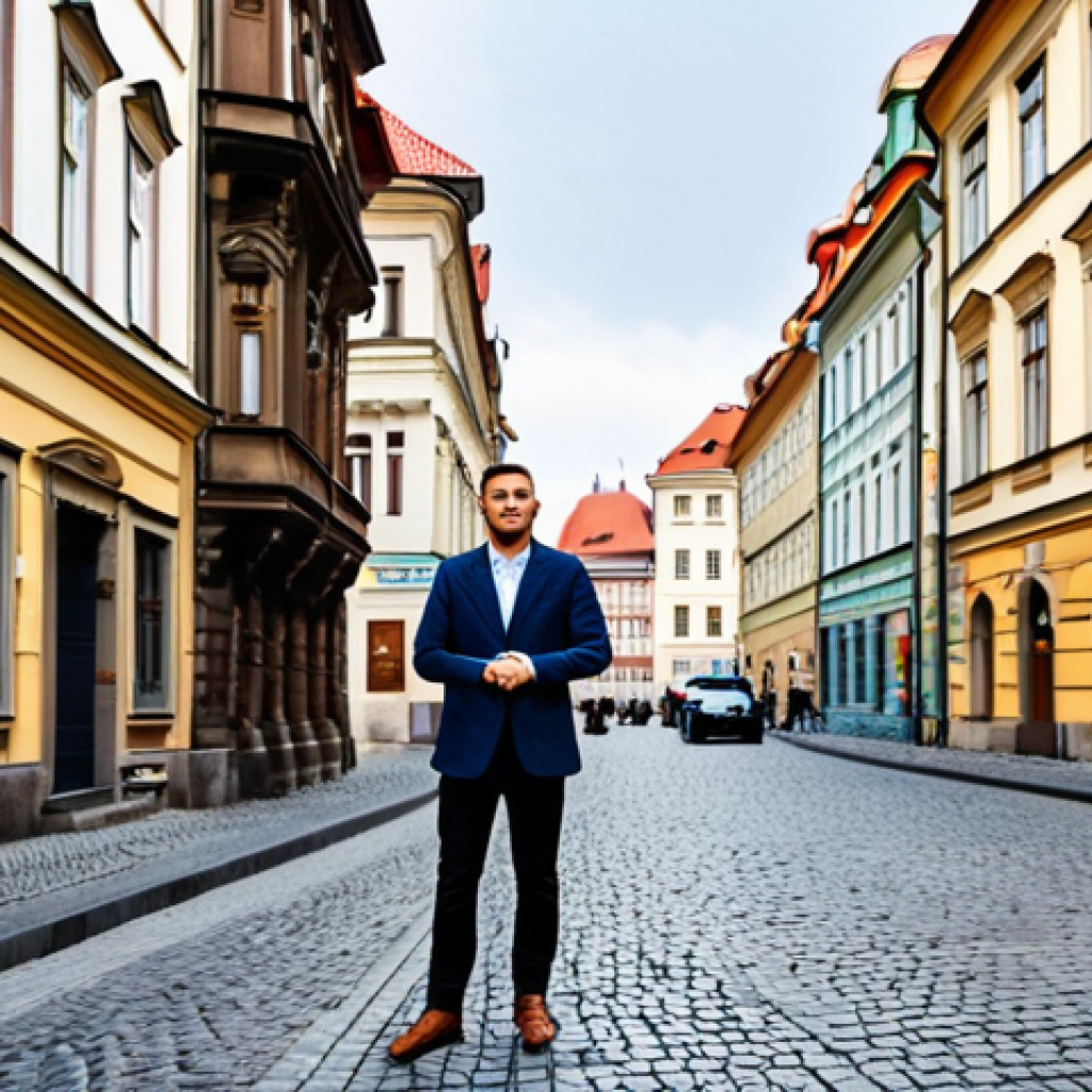 A young, professional individual with a thoughtful expression, dressed in modest business casual attire, stands on a charming cobblestone street in the historic center of Prague, Czech Republic. They are looking towards an elegant, traditional apartment building with ornate details, conveying the high cost of urban living. The background features blurred, bustling city life, characteristic of Prague's vibrant but increasingly unaffordable downtown. Professional photography, natural pose, perfect anatomy, correct proportions, well-formed hands, proper finger count, safe for work, appropriate content, fully clothed, family-friendly.