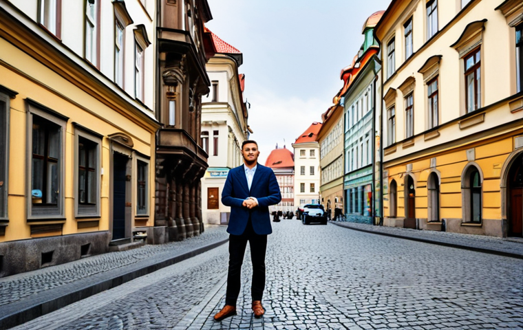 A young, professional individual with a thoughtful expression, dressed in modest business casual attire, stands on a charming cobblestone street in the historic center of Prague, Czech Republic. They are looking towards an elegant, traditional apartment building with ornate details, conveying the high cost of urban living. The background features blurred, bustling city life, characteristic of Prague's vibrant but increasingly unaffordable downtown. Professional photography, natural pose, perfect anatomy, correct proportions, well-formed hands, proper finger count, safe for work, appropriate content, fully clothed, family-friendly.