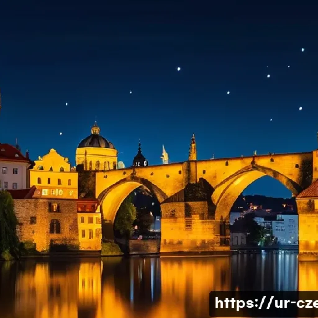 카를교 야경 명소 - A stunning night scene of Charles Bridge in Prague, illuminated by warm glowing lanterns casting sof...