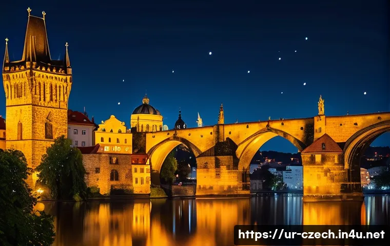 카를교 야경 명소 - A stunning night scene of Charles Bridge in Prague, illuminated by warm glowing lanterns casting sof...