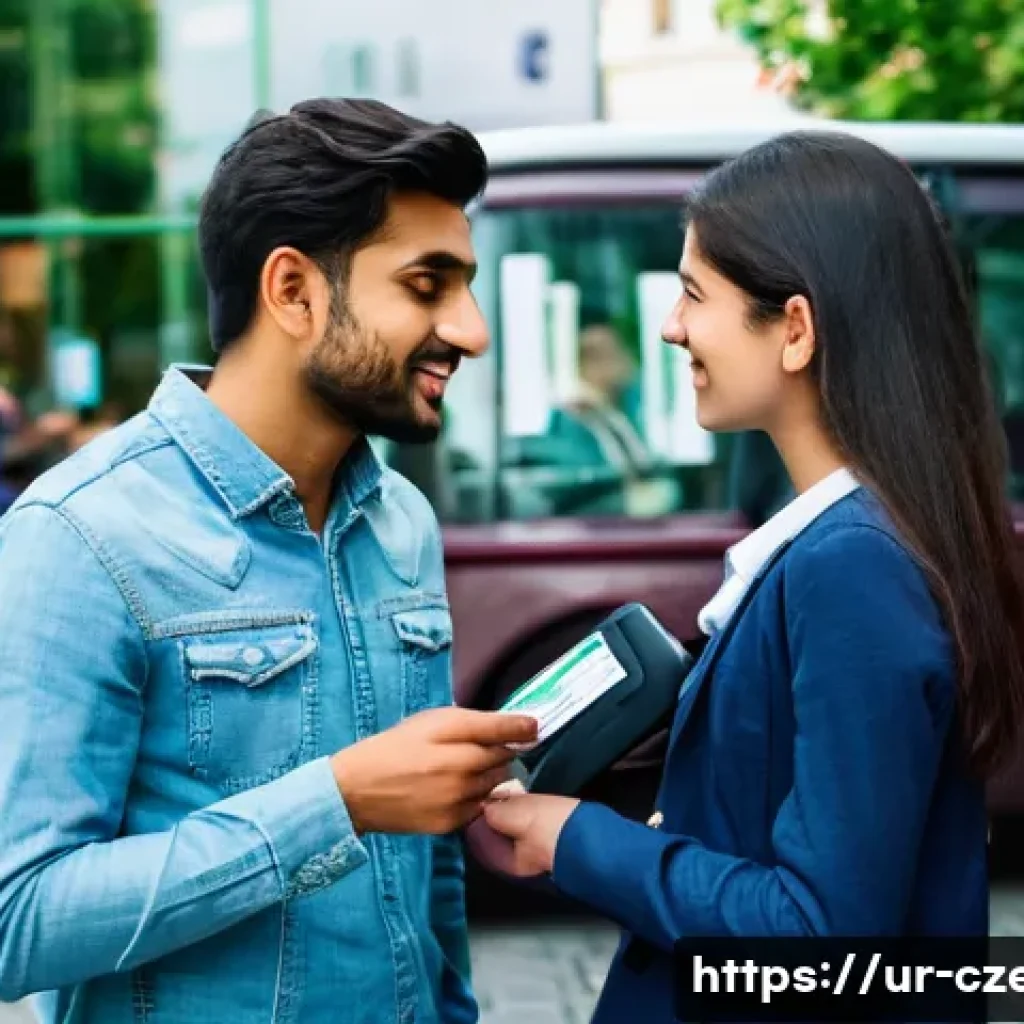체코에서 렌터카 이용법 - A detailed scene of a young Urdu-speaking tourist couple renting a compact car in Prague, Czech Repu...