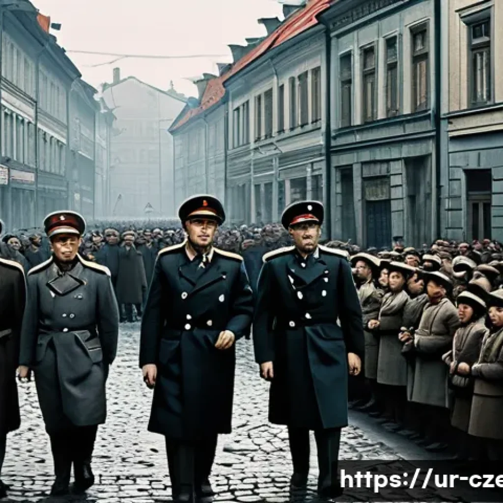 체코의 공산주의 시기 - A detailed historical scene depicting a 1948 Czechoslovakian street during the communist takeover: g...