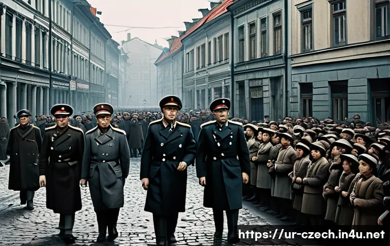 체코의 공산주의 시기 - A detailed historical scene depicting a 1948 Czechoslovakian street during the communist takeover: g...
