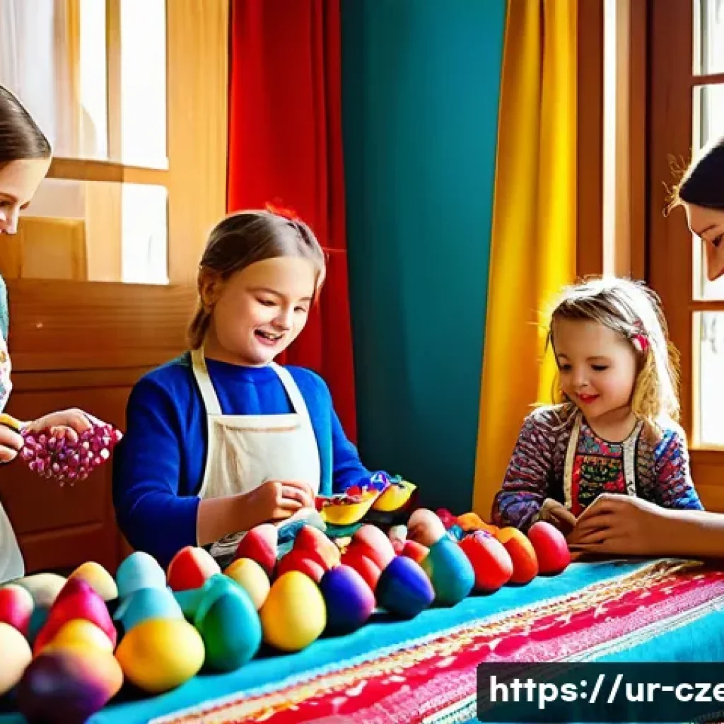 체코 부활절 문화 - A joyful family scene in a traditional Czech home during Easter, featuring adults and children gathe...