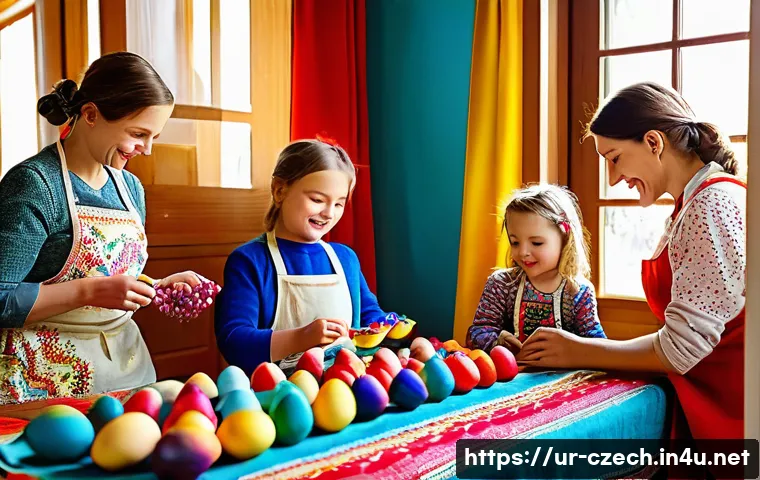 체코 부활절 문화 - A joyful family scene in a traditional Czech home during Easter, featuring adults and children gathe...
