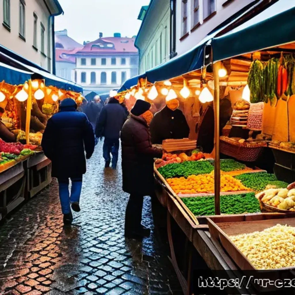 체코에서의 생활 - A bustling local market scene in Prague, Czech Republic, during wintertime. Stalls filled with fresh...