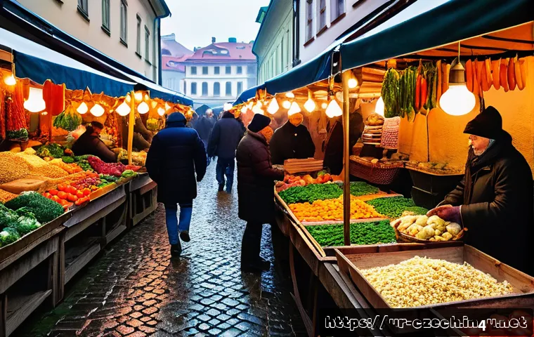 체코에서의 생활 - A bustling local market scene in Prague, Czech Republic, during wintertime. Stalls filled with fresh...