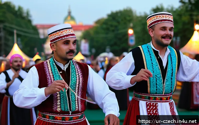 체코와 헝가리의 정치 관계 - A vibrant cultural festival scene in Prague showcasing Hungarian and Czech artists performing tradit...