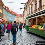 Home 21 체코에서 도난 및 사기 예방 - A detailed urban street scene in the Czech Republic showing a diverse group of people in a busy mark...