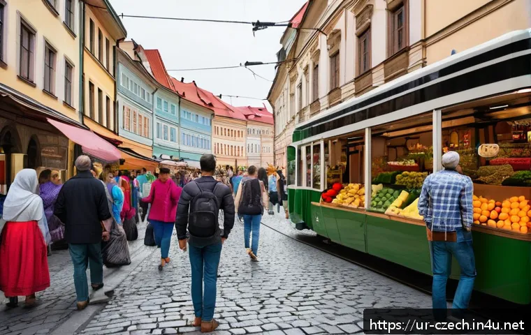체코에서 도난 및 사기 예방 - A detailed urban street scene in the Czech Republic showing a diverse group of people in a busy mark...