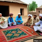 Home 20 체코와 우크라이나 난민 문제 - A vibrant community gathering in a small rural town in Pakistan, showing local residents and Urdu-sp...