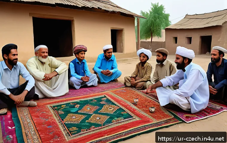 체코와 우크라이나 난민 문제 - A vibrant community gathering in a small rural town in Pakistan, showing local residents and Urdu-sp...
