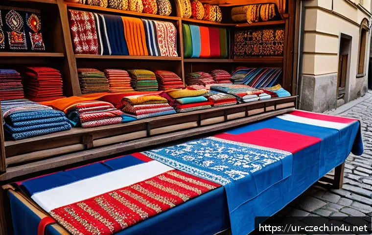 체코 기념품 추천 - A vibrant scene of a traditional Czech market stall in Prague’s Old Town, showcasing hand-embroidere...