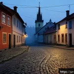 Home 18 체코의 미해결 사건 - A mysterious evening scene in a small Czech village where a person suddenly disappears under dim twi...
