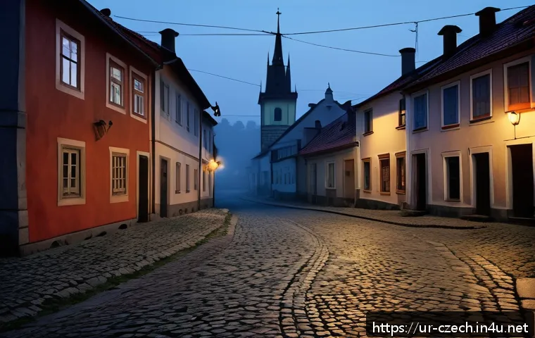 체코의 미해결 사건 - A mysterious evening scene in a small Czech village where a person suddenly disappears under dim twi...